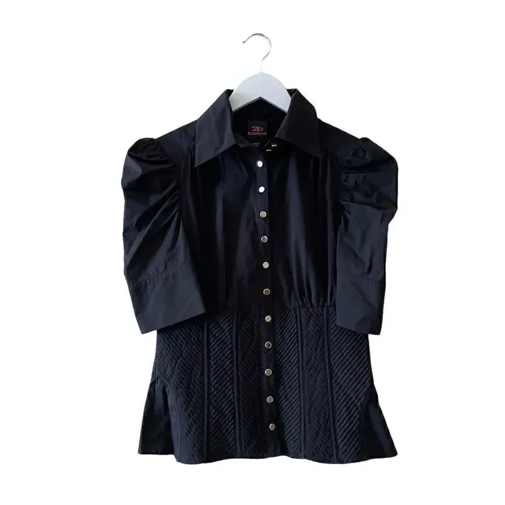 Bebe Black Puff Sleeves Silver Button Down Shirt SZ M